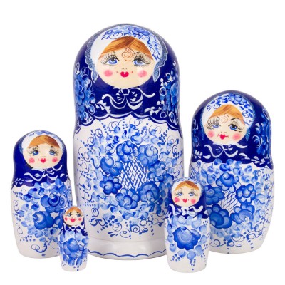 1928 - White and Blue Floral Matryoshka Russian Nesting Dolls