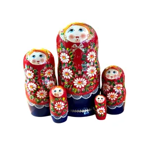 1929 - Matriochka Poupées Russes Motif Floral Rouge et Bleu 1929 - Matriochka Poupées Russes Motif Floral Rouge et Bleu