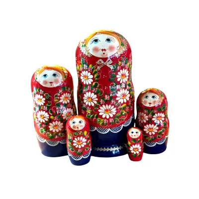 1929 - Matriochka Poupées Russes Motif Floral Rouge et Bleu