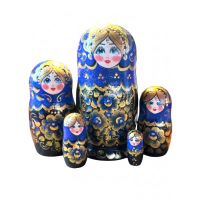 1948 - Black and Blue Floral Matryoshka Russian Nesting Dolls