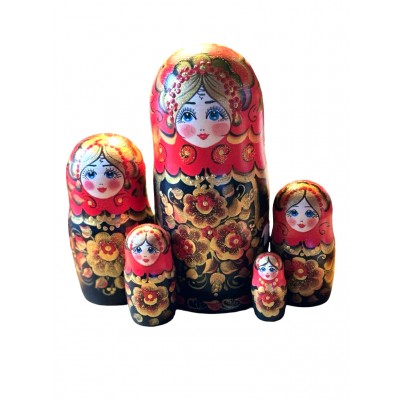 1949 - Red and Black Floral Matryoshka Russian Nesting Dolls