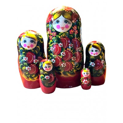 1950 - Matryoshka Russian Nesting Dolls Red and Black with Strawberries