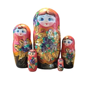1958 - Matriochka Poupées Russes Motif Floral Corail et Noir 1958 - Matriochka Poupées Russes Motif Floral Corail et Noir