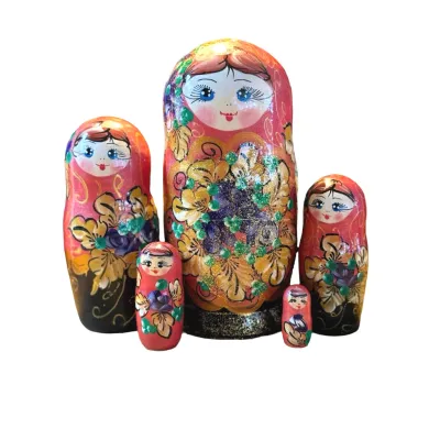 1958 - Matriochka Poupées Russes Motif Floral Corail et Noir