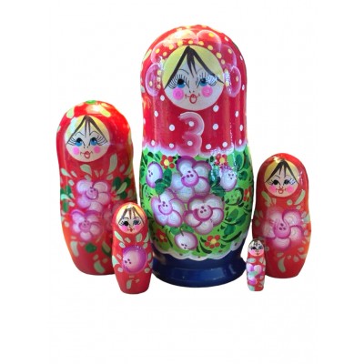 1961 - Red and Green Floral Matryoshka Russian Nesting Dolls