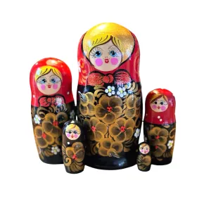 1962 - Matriochka Poupées Russes Motif Floral Rouge et Noir 1962 - Matriochka Poupées Russes Motif Floral Rouge et Noir