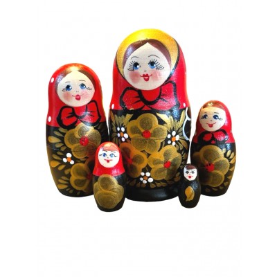 1966 - Red and Black Floral Matryoshka Russian Nesting Dolls