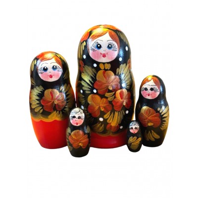 1968 - Red and Black Floral Matryoshka Russian Nesting Dolls