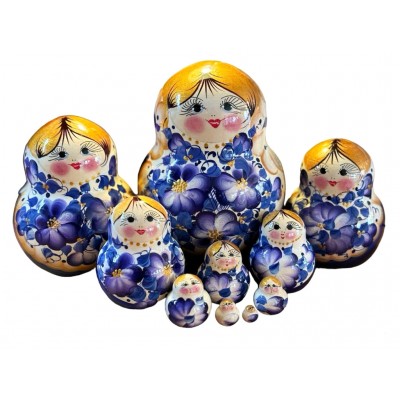 1969 - White and Blue Floral Matryoshka Russian Nesting Dolls