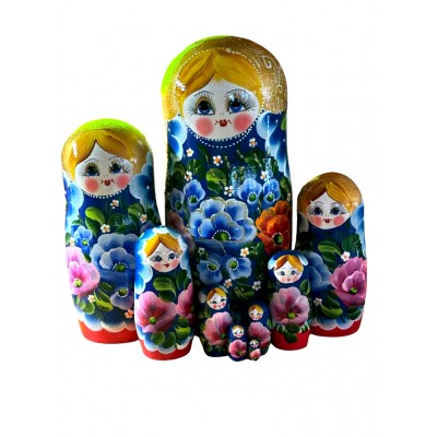 1975 - Red and Blue Floral Matryoshka Russian Nesting Dolls