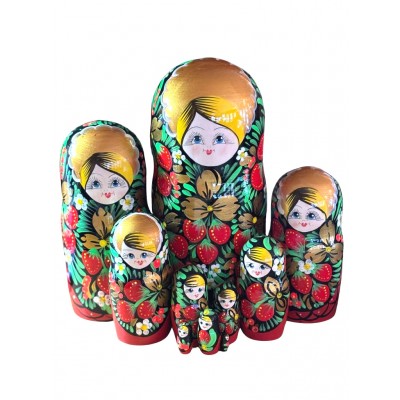 1976 - Matryoshka Russian Nesting Dolls Red and Black with Strawberries