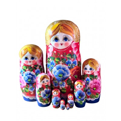 1978 - Red and Blue Floral Matryoshka Russian Nesting Dolls
