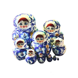 1979 - Matriochka Poupées Russes Motif Floral Bleu et Blanc 1979 - Matriochka Poupées Russes Motif Floral Bleu et Blanc