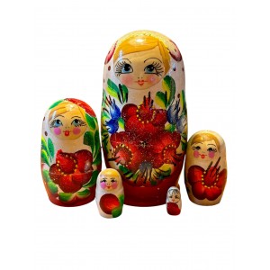 2005 - Red and White Floral Matryoshka Russian Nesting Dolls