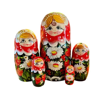 2021 - Matriochka Poupées Russes Motif Floral Rouge et Noir avec Fraises