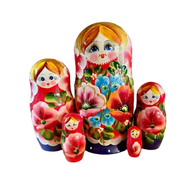 2026 - Matriochka Poupées Russes Motif Floral Rouge et Bleu