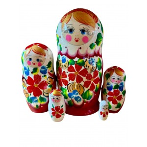 2036 - Red and White Floral Matryoshka Russian Nesting Doll