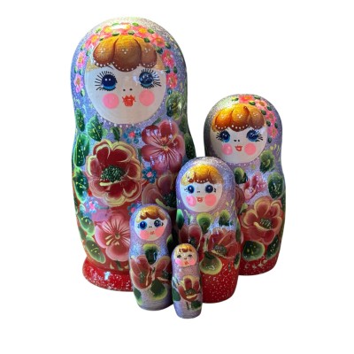 2051 - Matriochka Poupées Russes Motif Floral Rouge et Mauve