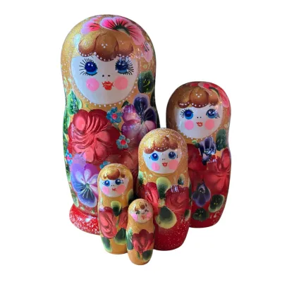 2066 - Matriochka Poupées Russes Motif Floral Rouge et Doré