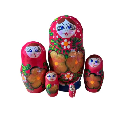 2074 - Matriochka Poupées Russes Motif Floral Rouge et Bleu