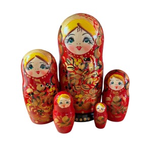2090 - Matriochka Poupées Russes Motif Floral Rouge et Doré
