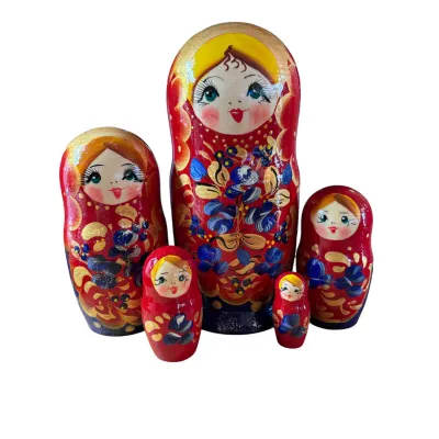 2092 - Matriochka Poupées Russes Motif Floral Rouge et Bleu