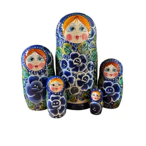 2098 - Matriochka Poupées Russes Motif Floral Bleu, Blanc et Vert