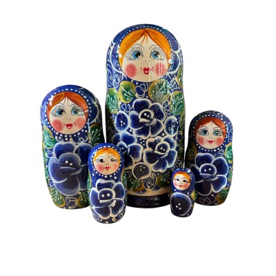 2098 - Matriochka Poupées Russes Motif Floral Bleu, Blanc et Vert