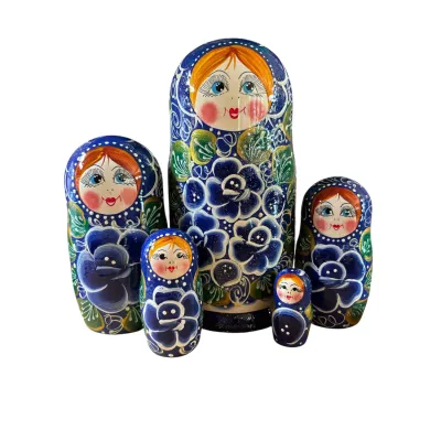 2098 - Matriochka Poupées Russes Motif Floral Bleu, Blanc et Vert