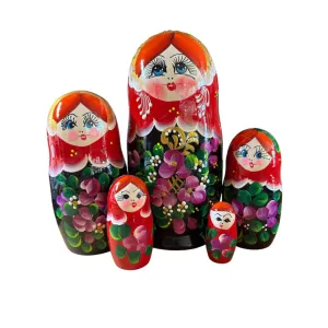 2101 - Matriochka Poupées Russes Motif Floral Noir et Rouge