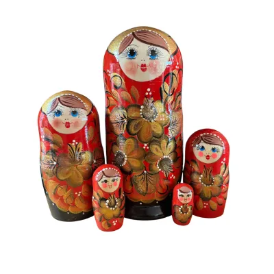 2102 - Matriochka Poupées Russes Motif Floral Noir et Rouge