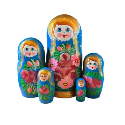 2104 - Matriochka Poupées Russes Motif Floral Bleu Pâle