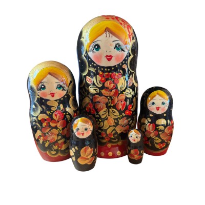2107 - Red and Black Floral Matryoshka Russian Nesting Dolls 