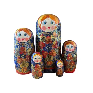 2110 - Matriochka Poupées Russes Motif Floral Bleu et Rouge