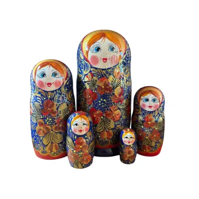 2110 - Matriochka Poupées Russes Motif Floral Bleu et Rouge