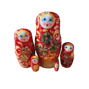 2133 - Matriochka Poupées Russes Motif Floral Rouge et Doré