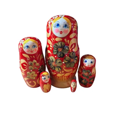2133 - Matriochka Poupées Russes Motif Floral Rouge et Doré