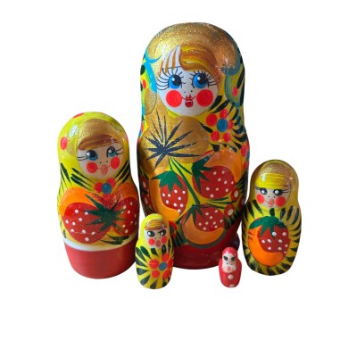2140 - Matriochka Poupées Russes Motif Floral Rouge et Jaune