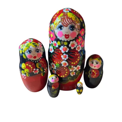 2142 - Matriochka Poupées Russes Motif Floral Rouge et Noir