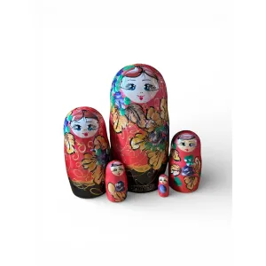 2148 - Matriochka Poupées Russes Motif Floral Corail et Noir