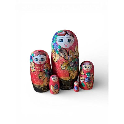2148 - Matriochka Poupées Russes Motif Floral Corail et Noir