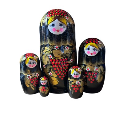 2152 - Matriochka Poupées Russes Motif avec Cerises Noir et Doré