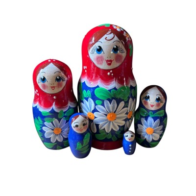 2160 - Matriochka Poupées Russes Motif Floral Bleu et Rouge