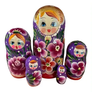 2177 - Matriochka Poupées Russes Motif Floral Rouge et Mauve