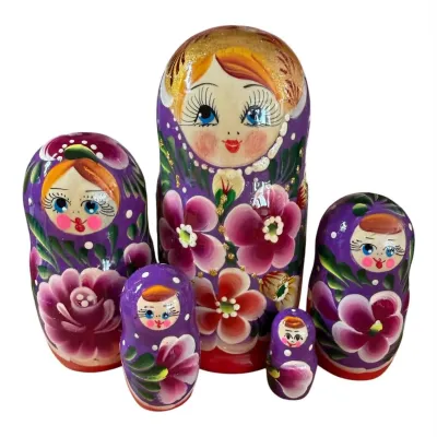 2177 - Matriochka Poupées Russes Motif Floral Rouge et Mauve