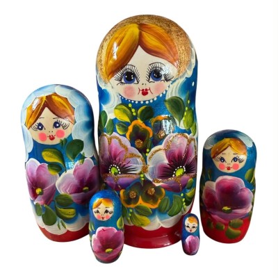 2181 - Blue and Red Floral Matryoshka Russian Nesting Doll