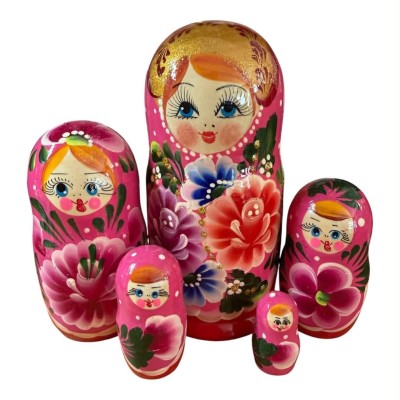 2185 - Red and Pink Floral Matryoshka Russian Nesting Doll