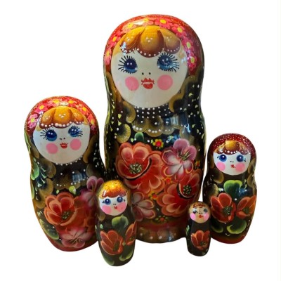 2187 - Matriochka Poupées Russes Motif Floral Rouge et Noir 2187 - Matriochka Poupées Russes Motif Floral Rouge et Noir