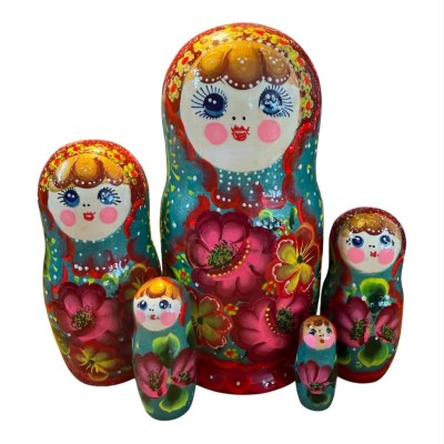 2189 - Matriochka Poupées Russes Motif Floral Rouge et Vert 2189 - Matriochka Poupées Russes Motif Floral Rouge et Vert