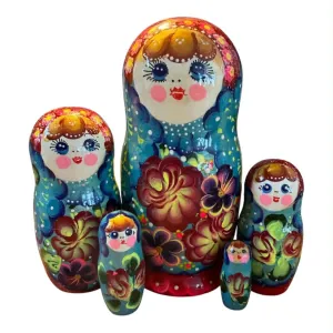 2192 - Matriochka Poupées Russes Motif Floral Rouge et Bleu